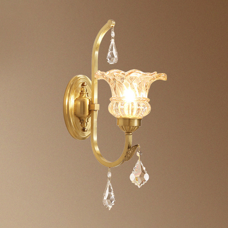Ruffle Glass Gold Wall Light Floral Antique Wall Lighting Fixture with Crystal Draping