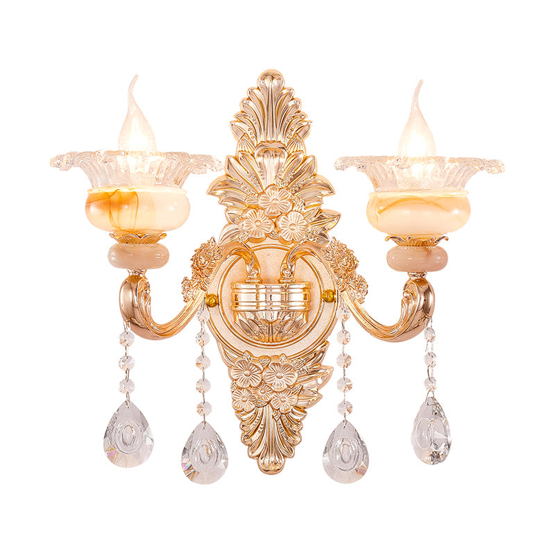 Gold Floral Ruffle Wall Mount Light Traditional Glass Corridor Wall Light Fixture with Crystal Accent