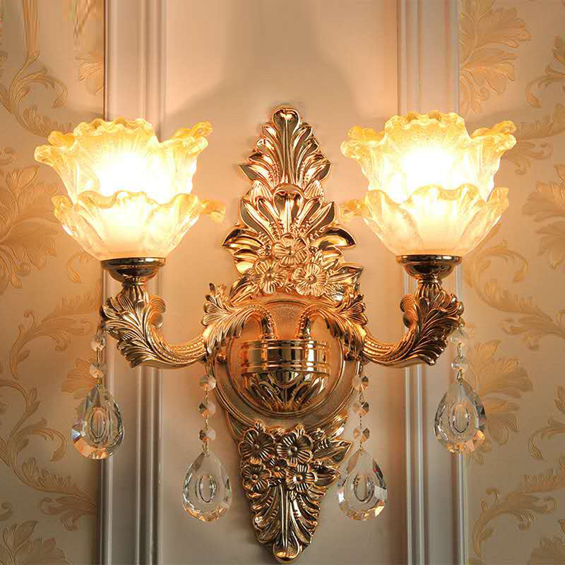 Gold Wall Light Fixture Vintage Frosted Glass Ruffle Flower Wall Mounted Lamp with Hanging Crystal