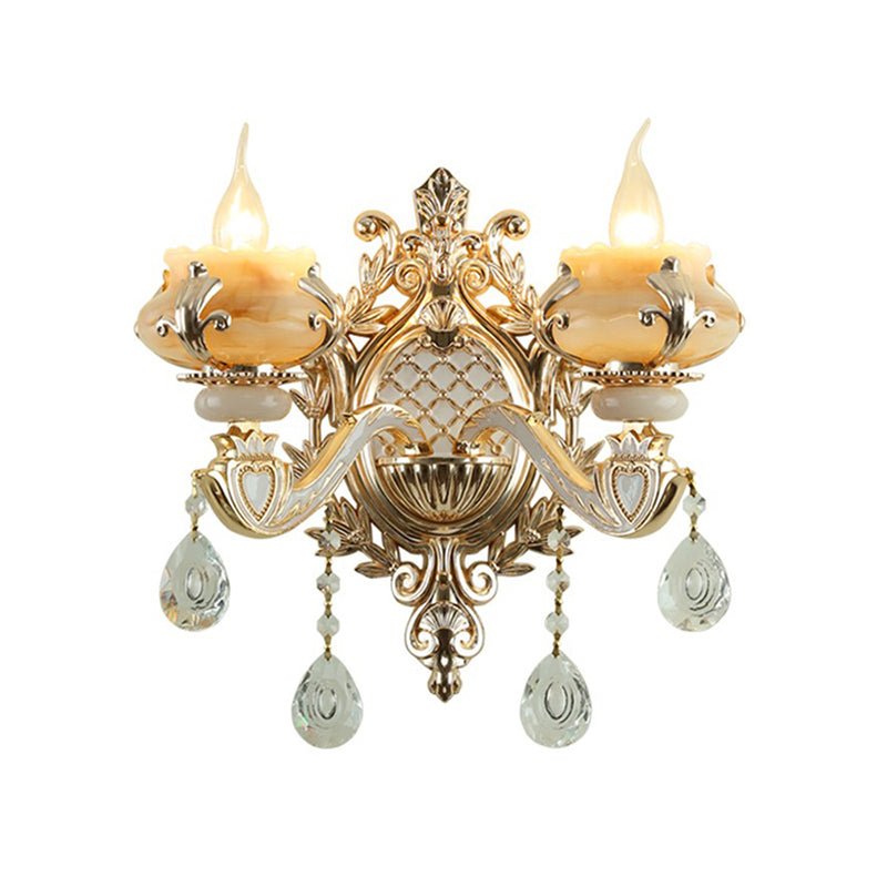 Jade Floral Wall Light Antique Living Room Wall Lighting Fixture with Hanging Crystal in Gold