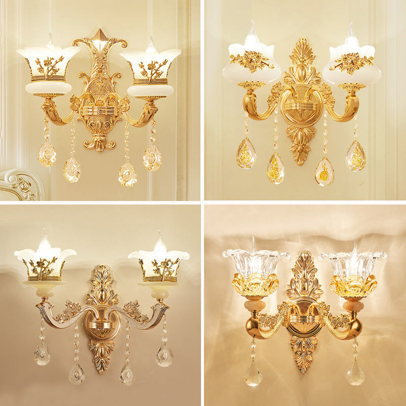 Imitation Jade Gold Wall Mount Light Bud Traditional Wall Light Fixture with Crystal Draping