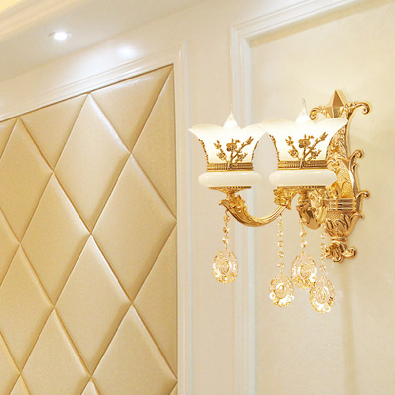 Imitation Jade Gold Wall Mount Light Bud Traditional Wall Light Fixture with Crystal Draping
