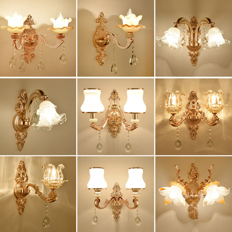 Gold Wall Mount Light Retro Glass Floral Shade Wall Lighting with Hanging Crystal