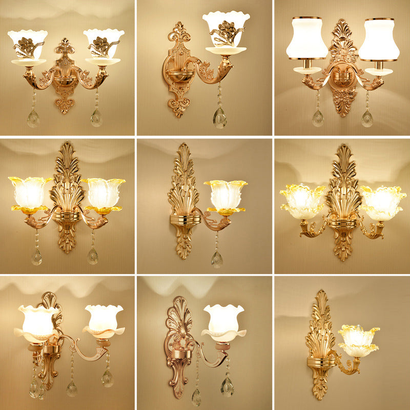 Gold Wall Mount Light Retro Glass Floral Shade Wall Lighting with Hanging Crystal