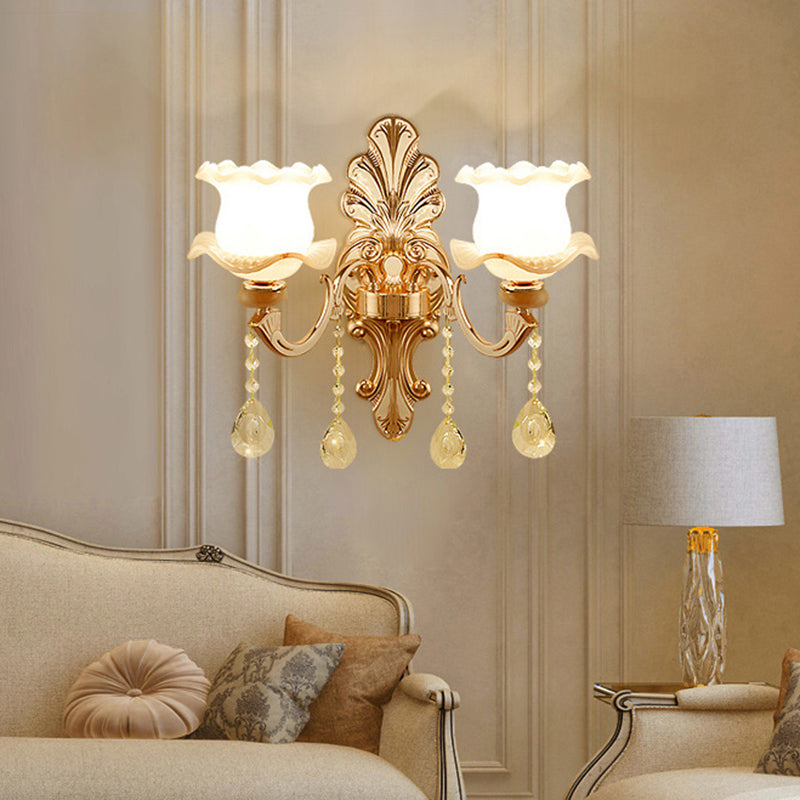 Gold Wall Mount Light Retro Glass Floral Shade Wall Lighting with Hanging Crystal