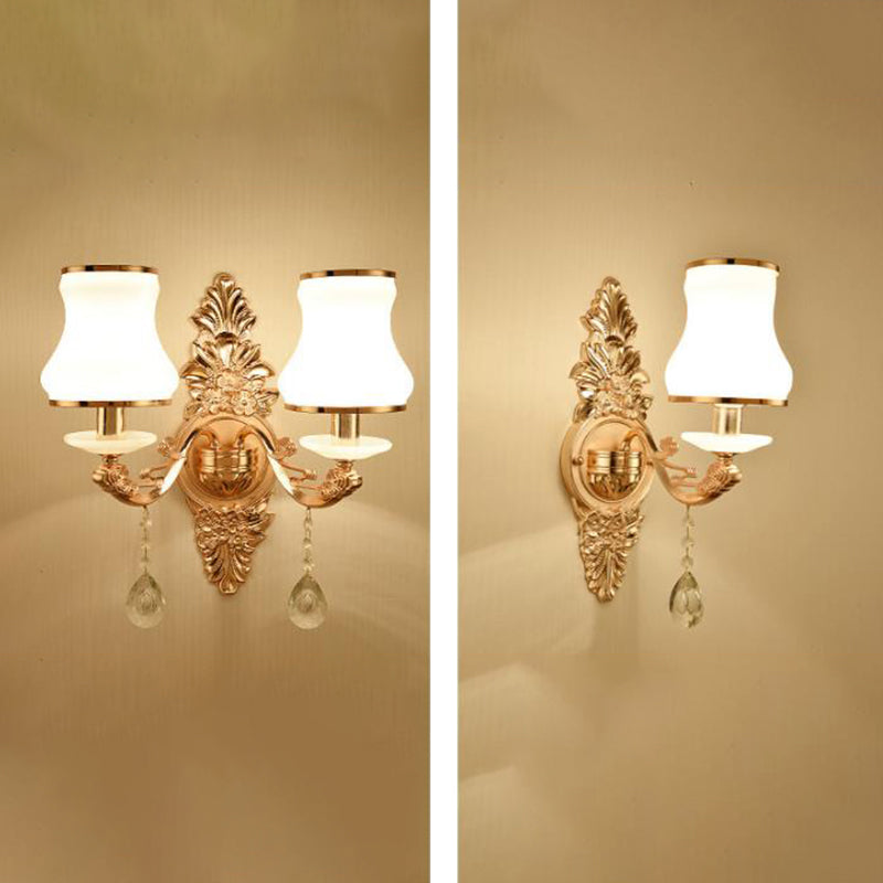 Gold Wall Mount Light Retro Glass Floral Shade Wall Lighting with Hanging Crystal