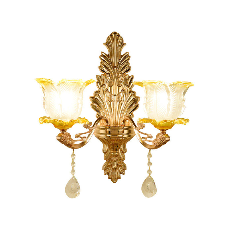 Gold Wall Mount Light Retro Glass Floral Shade Wall Lighting with Hanging Crystal