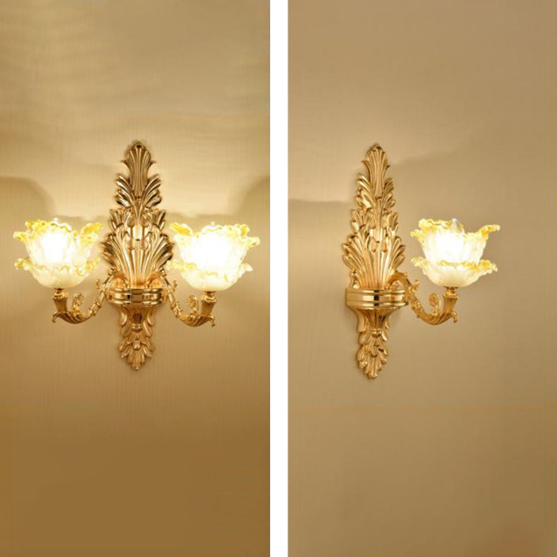 Gold Wall Mount Light Retro Glass Floral Shade Wall Lighting with Hanging Crystal
