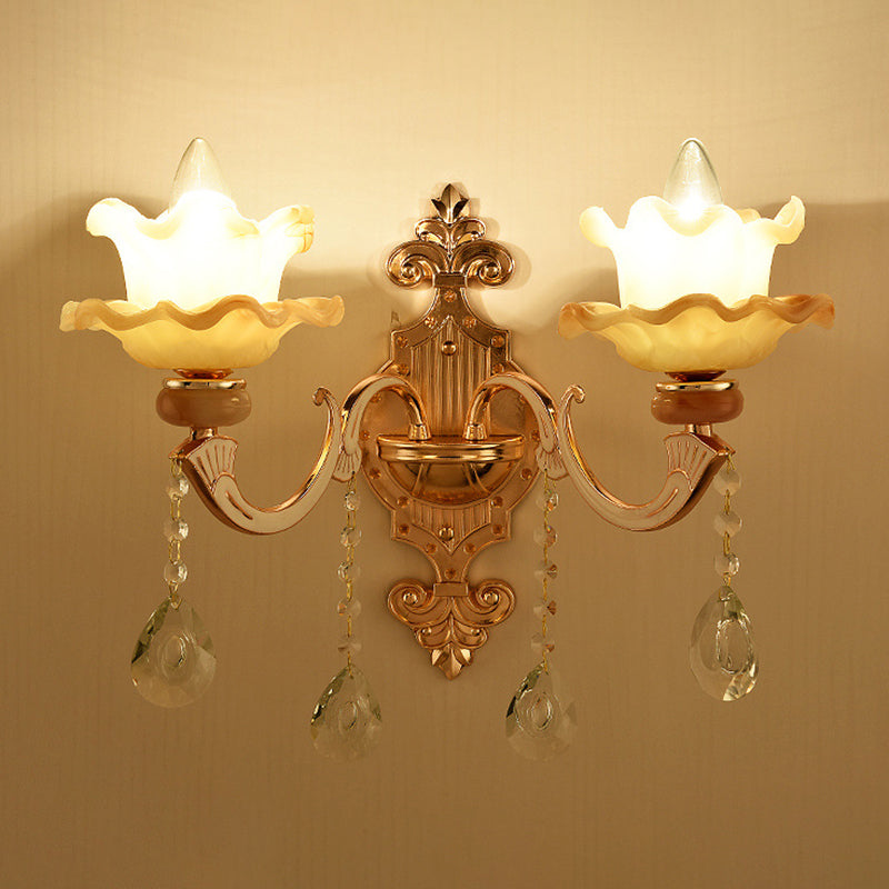 Gold Wall Mount Light Retro Glass Floral Shade Wall Lighting with Hanging Crystal