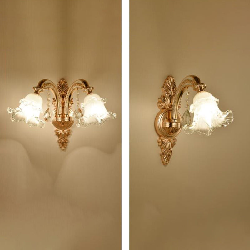 Gold Wall Mount Light Retro Glass Floral Shade Wall Lighting with Hanging Crystal
