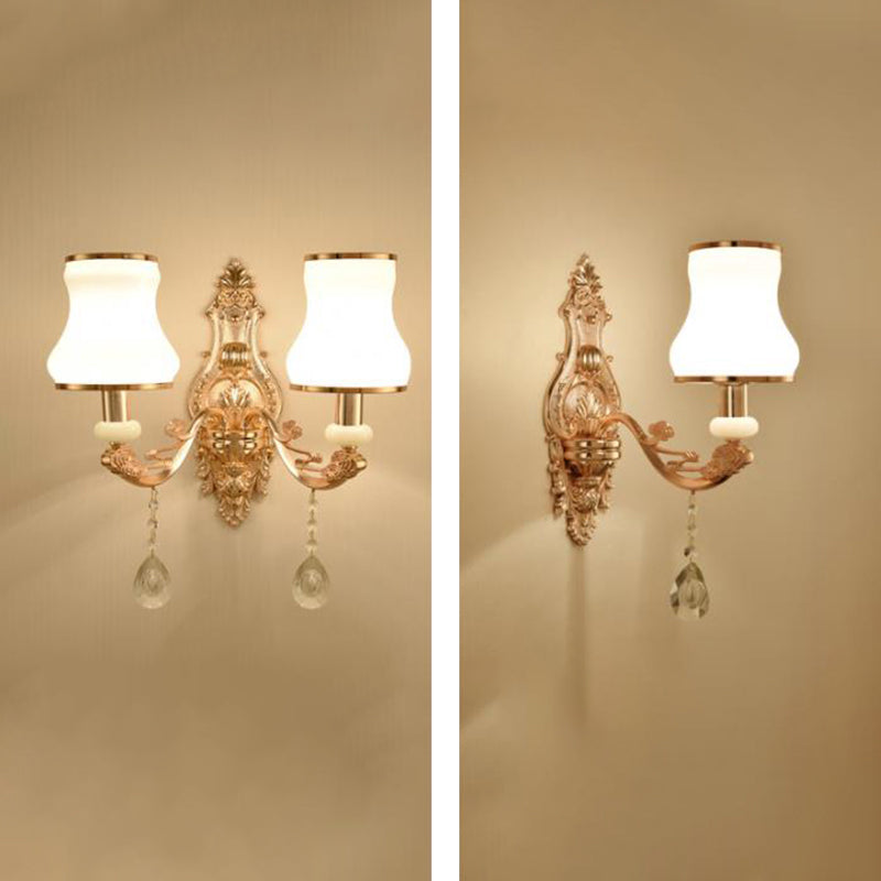 Gold Wall Mount Light Retro Glass Floral Shade Wall Lighting with Hanging Crystal