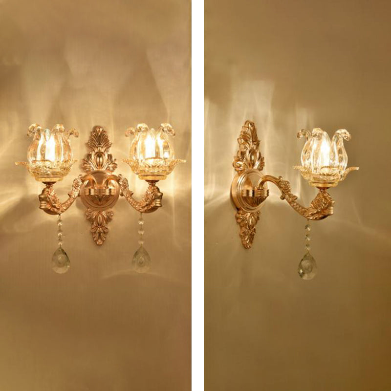 Gold Wall Mount Light Retro Glass Floral Shade Wall Lighting with Hanging Crystal