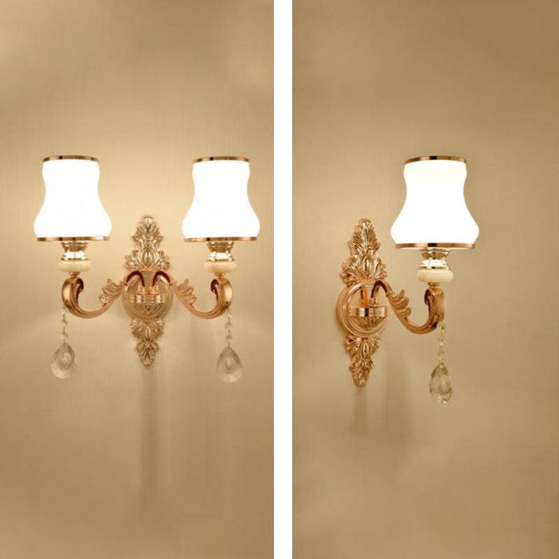 Gold Wall Mount Light Retro Glass Floral Shade Wall Lighting with Hanging Crystal