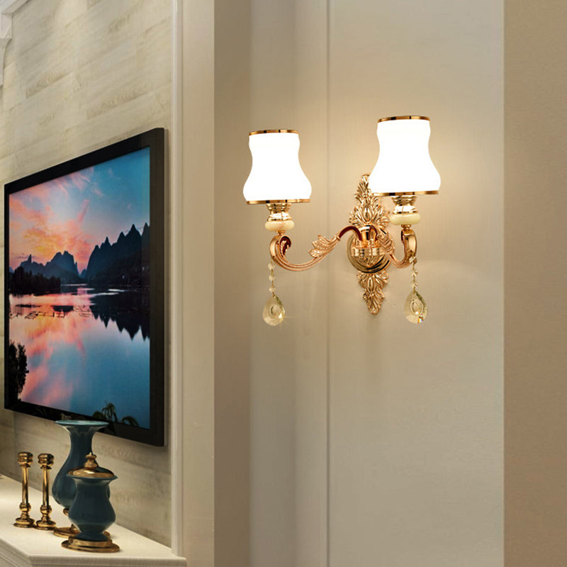 Gold Wall Mount Light Retro Glass Floral Shade Wall Lighting with Hanging Crystal