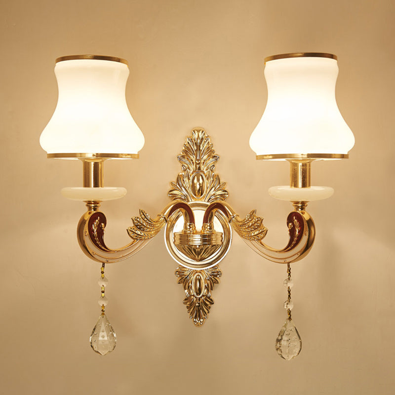 Retro Style Flower Wall Lamp Glass Wall Light Fixture with Crystal Draping in Gold