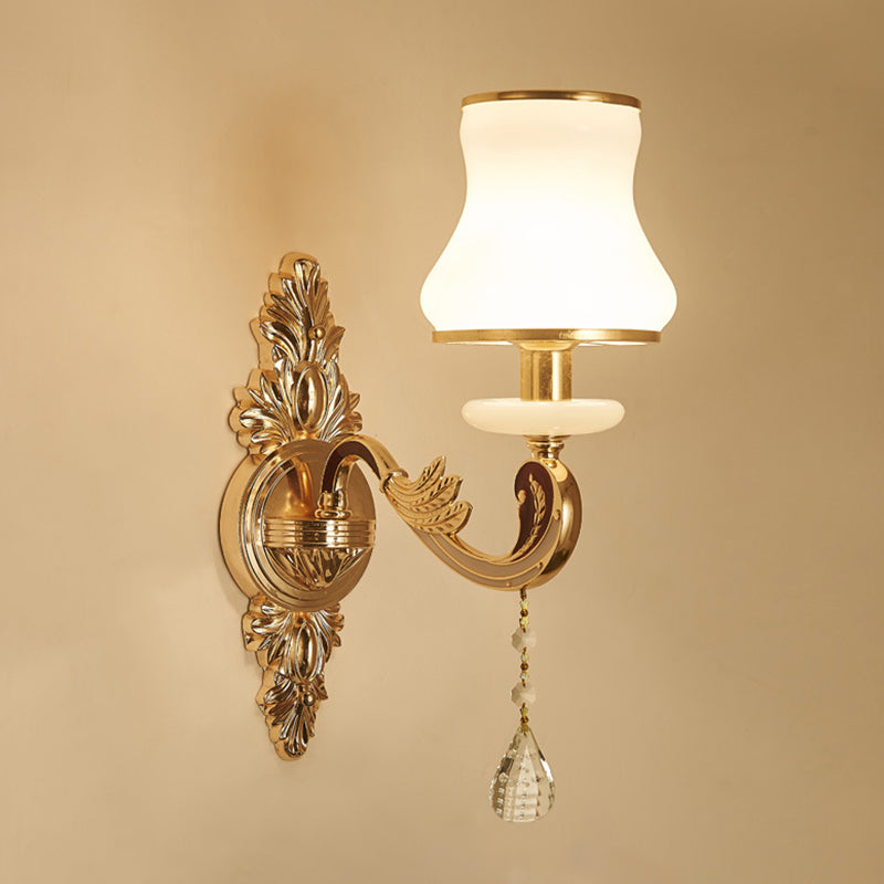 Retro Style Flower Wall Lamp Glass Wall Light Fixture with Crystal Draping in Gold