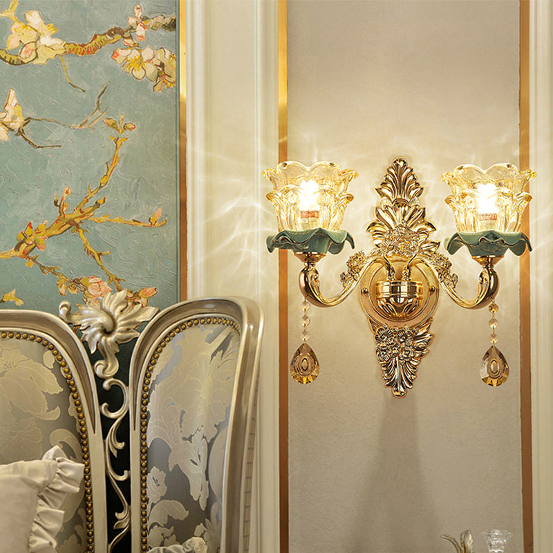 Glass Gold Wall Mount Light Ruffle Flower Retro Wall Lighting with Crystal Draping