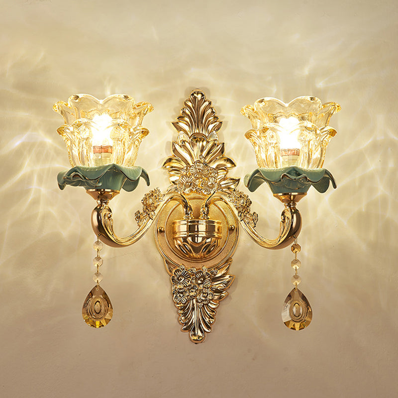 Glass Gold Wall Mount Light Ruffle Flower Retro Wall Lighting with Crystal Draping