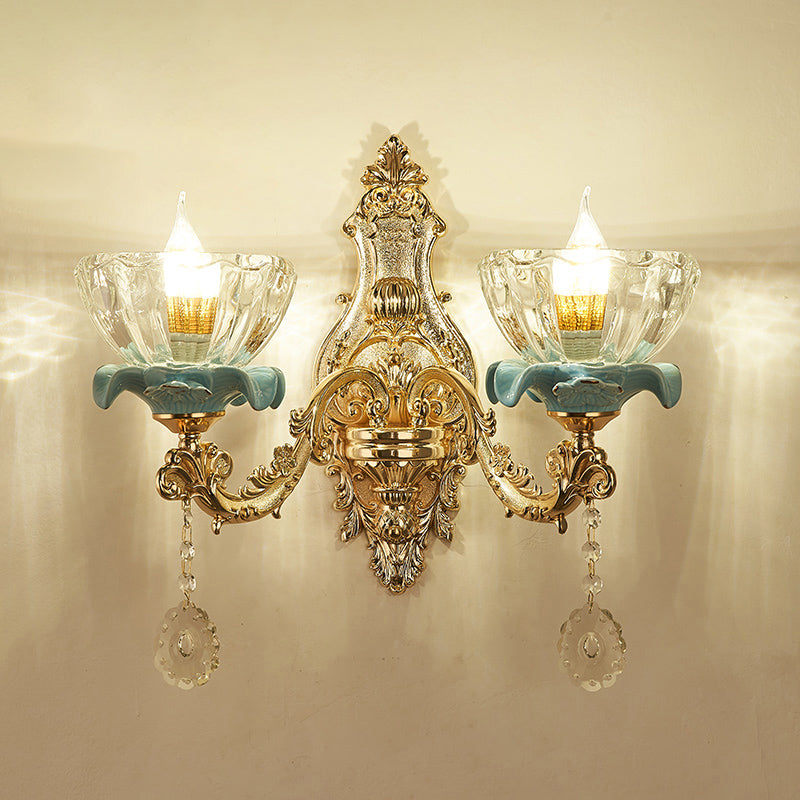 Glass Gold Wall Mount Light Ruffle Flower Retro Wall Lighting with Crystal Draping