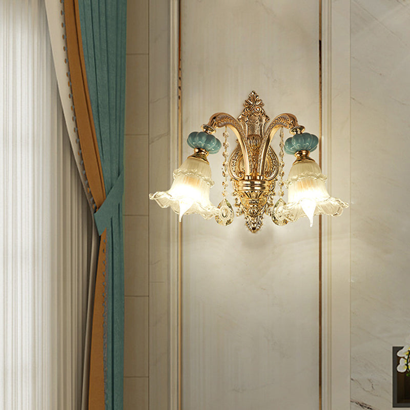 Glass Gold Wall Mount Light Ruffle Flower Retro Wall Lighting with Crystal Draping