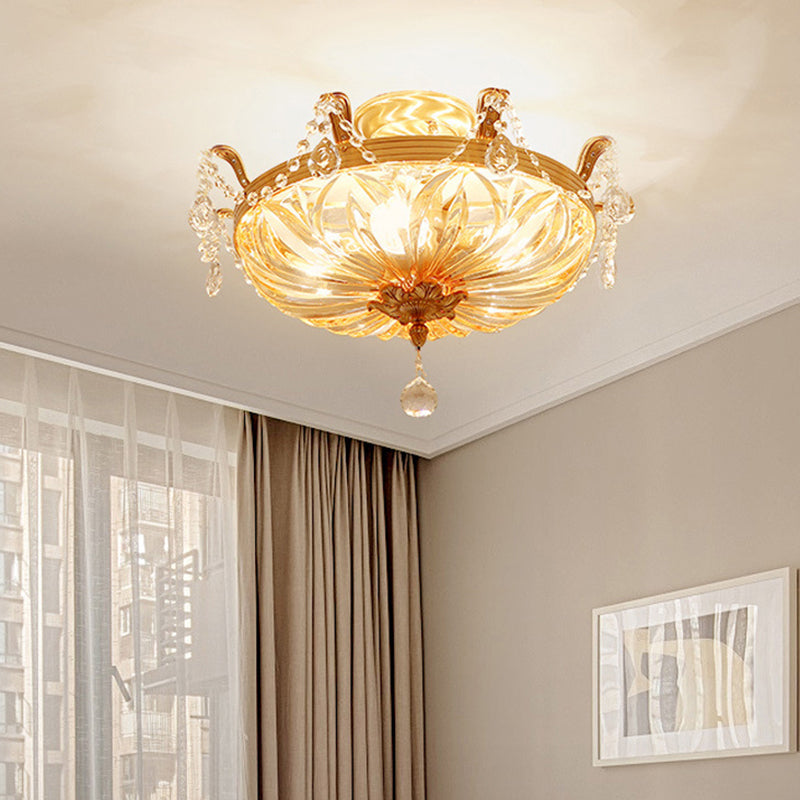Gold 5 Heads Flush Mount Antique Ribbed Crystal Bowl Shade Flushmount Ceiling Light with Crystal Draping