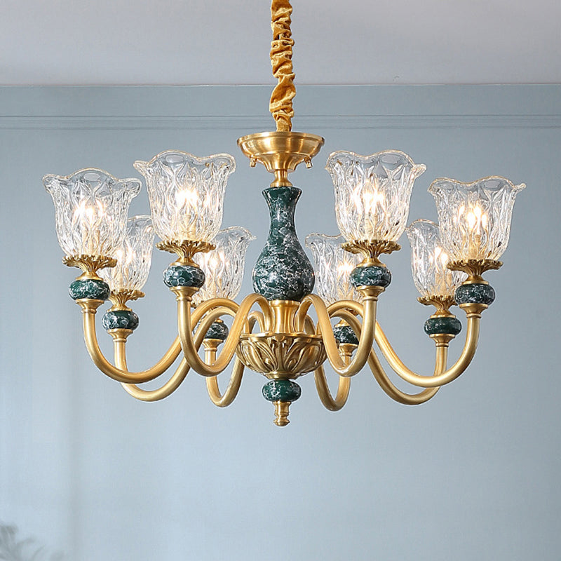 Traditional Flared Ceiling Lighting Carved Glass Chandelier Light Fixture with Ruffle Edge in Brass