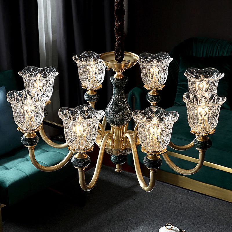 Traditional Flared Ceiling Lighting Carved Glass Chandelier Light Fixture with Ruffle Edge in Brass