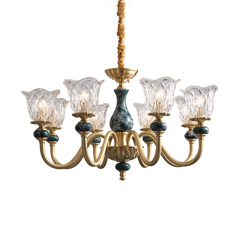Traditional Flared Ceiling Lighting Carved Glass Chandelier Light Fixture with Ruffle Edge in Brass