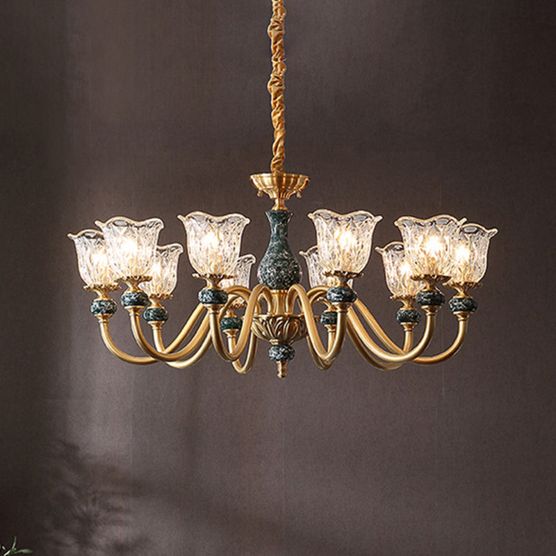 Traditional Flared Ceiling Lighting Carved Glass Chandelier Light Fixture with Ruffle Edge in Brass