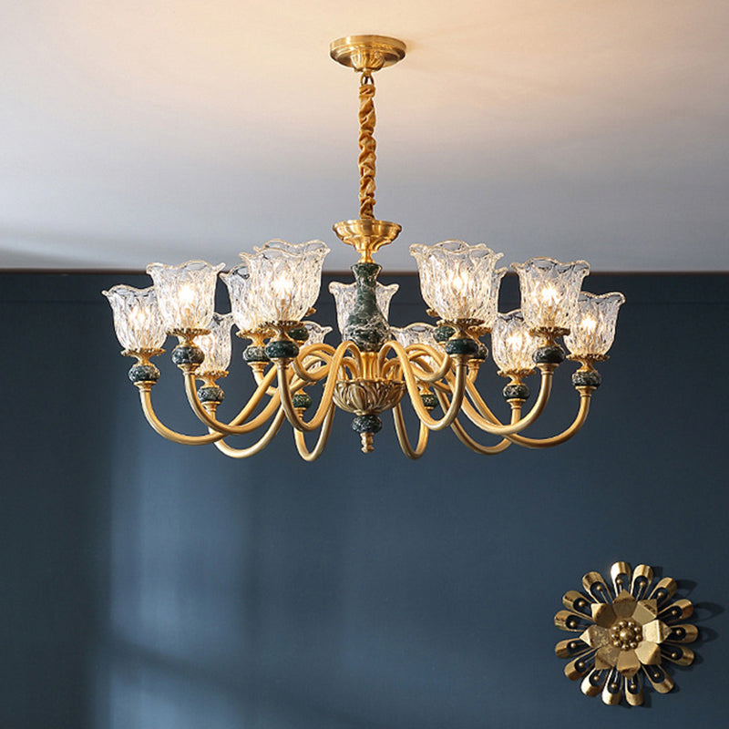 Traditional Flared Ceiling Lighting Carved Glass Chandelier Light Fixture with Ruffle Edge in Brass