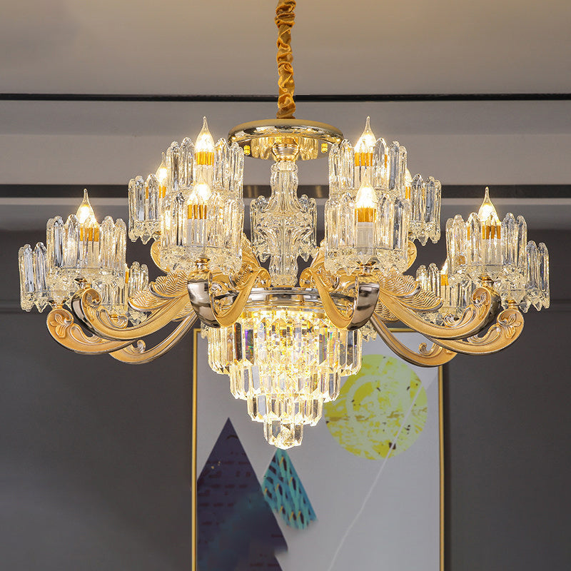 Cylindrical Shaped Living Room Chandelier Light Retro Clear Glass Gold Pendant Light with Layered Crystal Decor