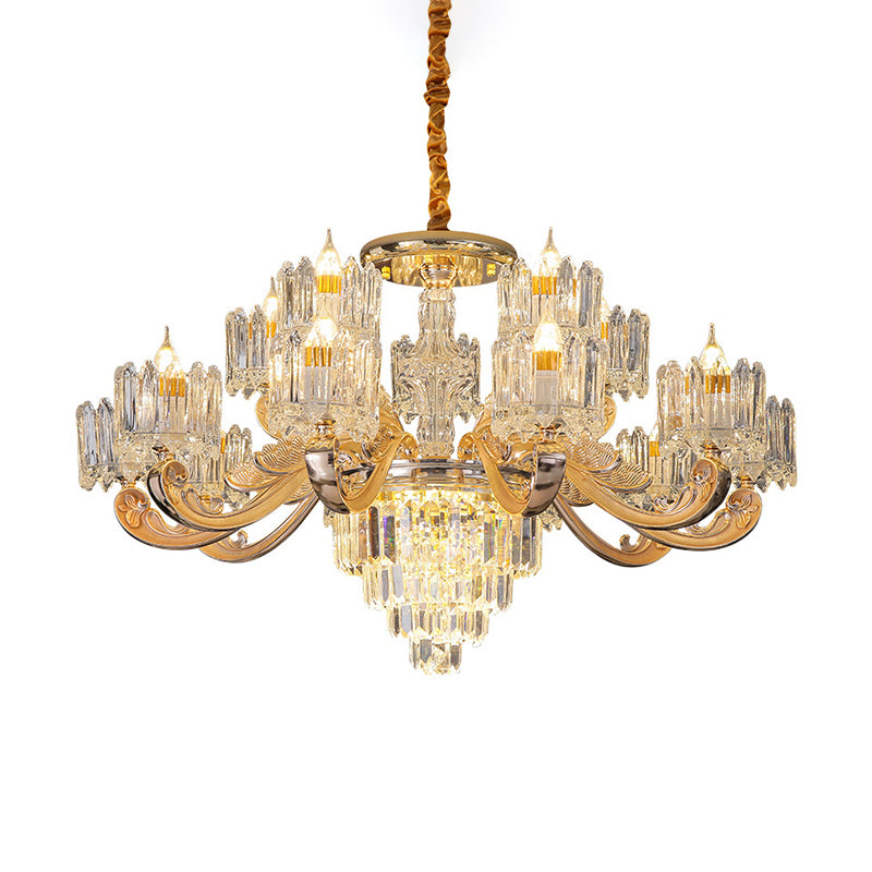 Cylindrical Shaped Living Room Chandelier Light Retro Clear Glass Gold Pendant Light with Layered Crystal Decor