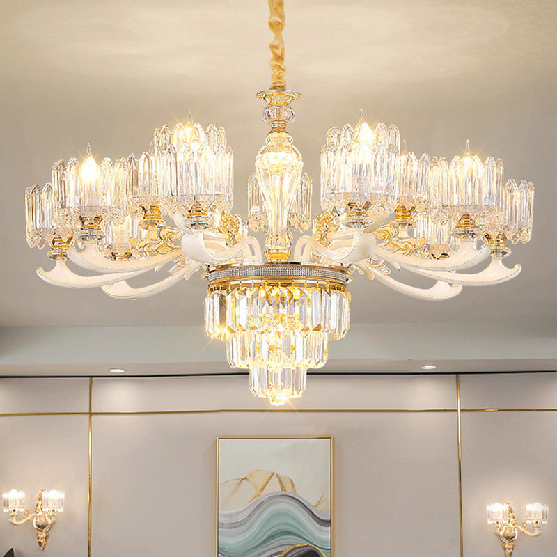 Cylindrical Shaped Living Room Chandelier Light Retro Clear Glass Gold Pendant Light with Layered Crystal Decor