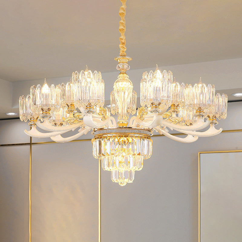 Cylindrical Shaped Living Room Chandelier Light Retro Clear Glass Gold Pendant Light with Layered Crystal Decor
