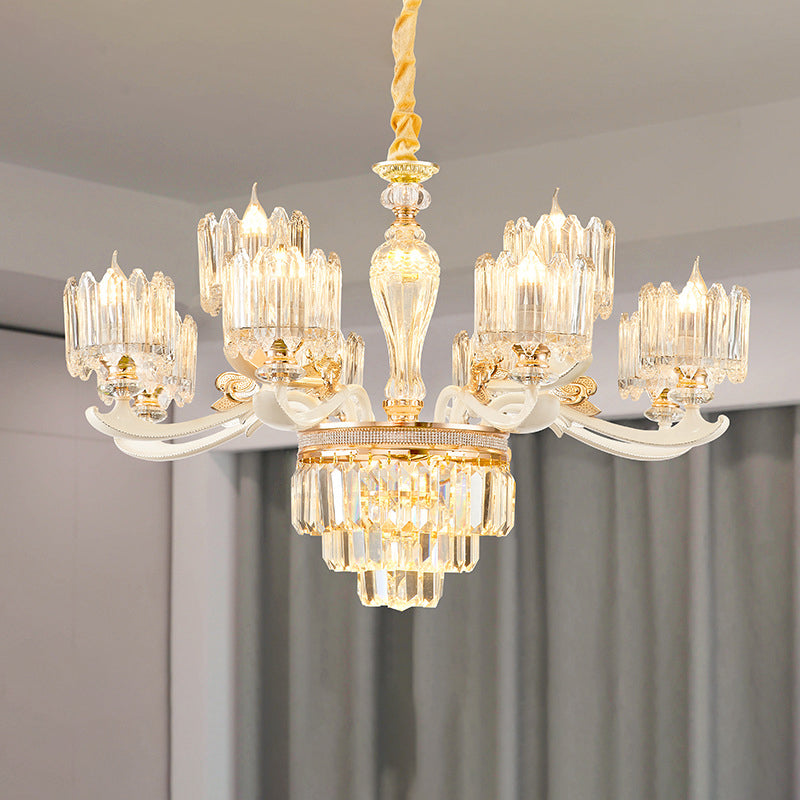 Cylindrical Shaped Living Room Chandelier Light Retro Clear Glass Gold Pendant Light with Layered Crystal Decor