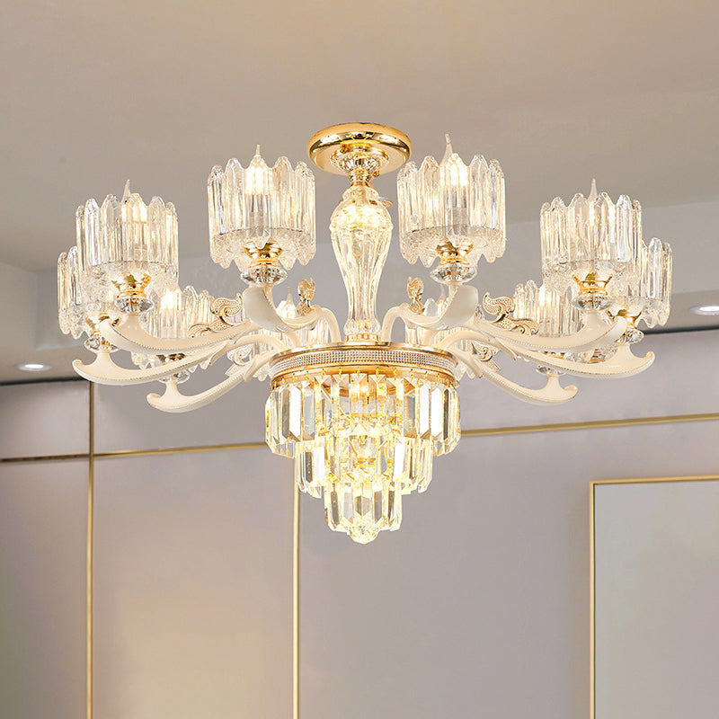 Cylindrical Shaped Living Room Chandelier Light Retro Clear Glass Gold Pendant Light with Layered Crystal Decor