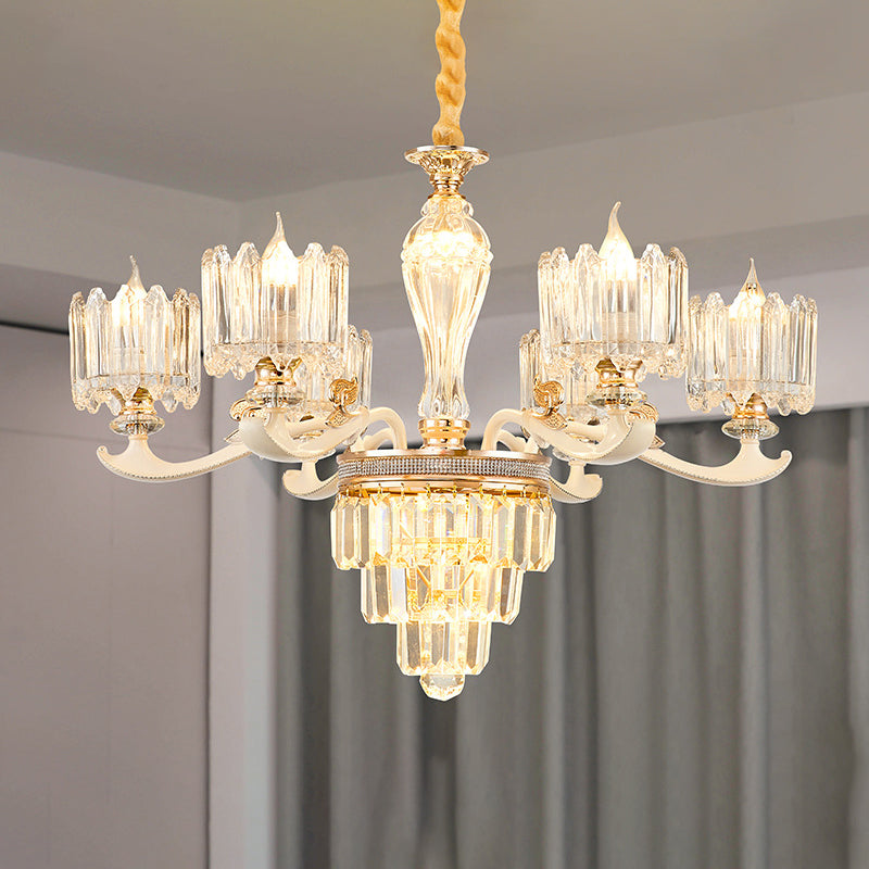 Cylindrical Shaped Living Room Chandelier Light Retro Clear Glass Gold Pendant Light with Layered Crystal Decor