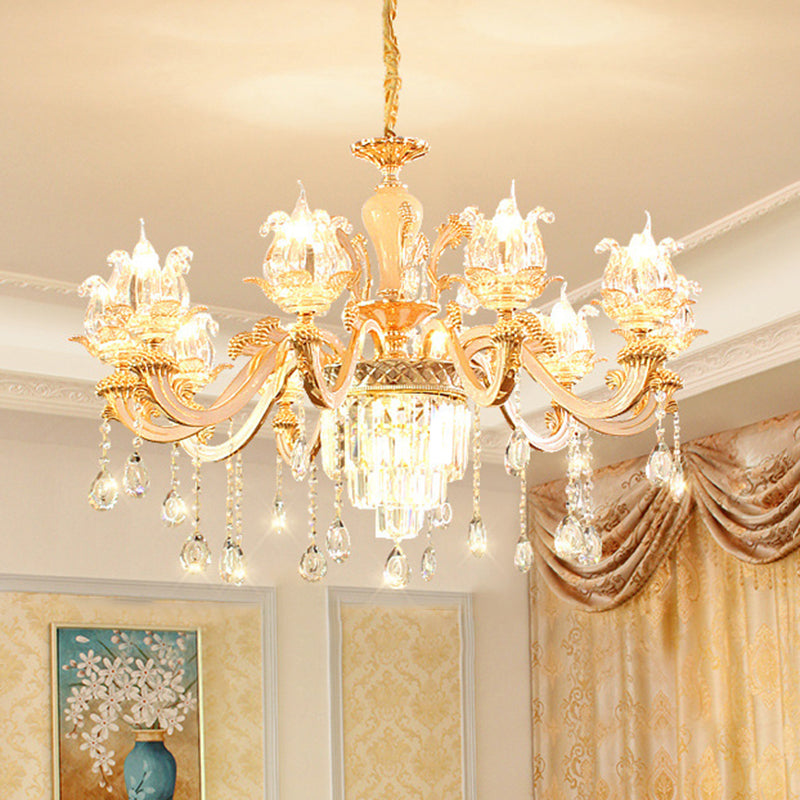 Suspension de fleurs en verre à la main Lumière de style rétro de style rétro Lumière de lustre avec décoration en cristal à plusieurs niveaux en or
