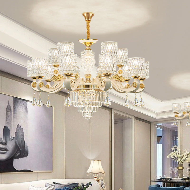 Cylindre Ripple Glass Chandelier Pendant Light Vintage Salon Hanging Light With Crystal Draping in White
