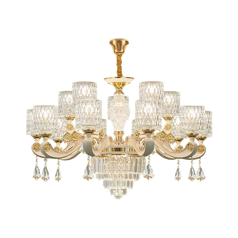 Cylindre Ripple Glass Chandelier Pendant Light Vintage Salon Hanging Light With Crystal Draping in White