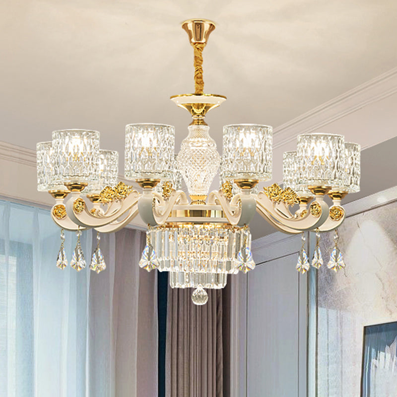 Cylindre Ripple Glass Chandelier Pendant Light Vintage Salon Hanging Light With Crystal Draping in White