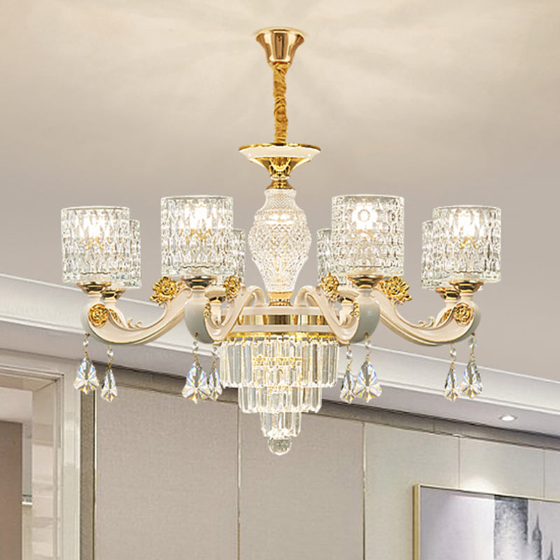 Cylindre Ripple Glass Chandelier Pendant Light Vintage Salon Hanging Light With Crystal Draping in White