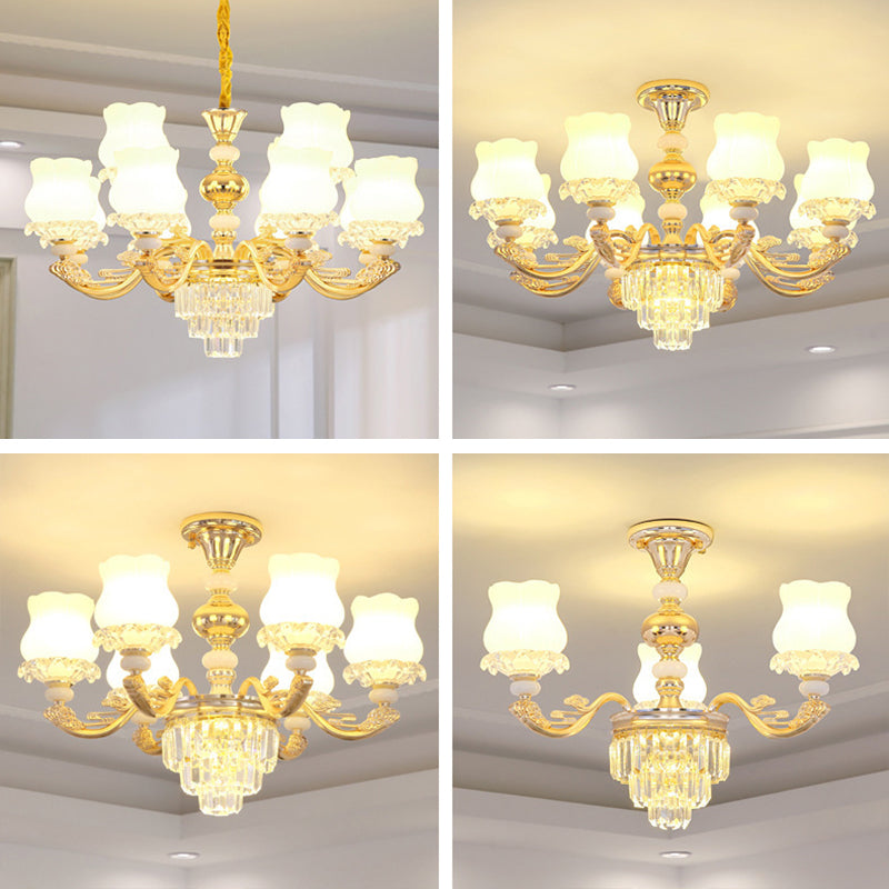 Gold Chandelier Light Retro Opal Glass Bud Pendant Light Fixture with Tiered Crystal Decor