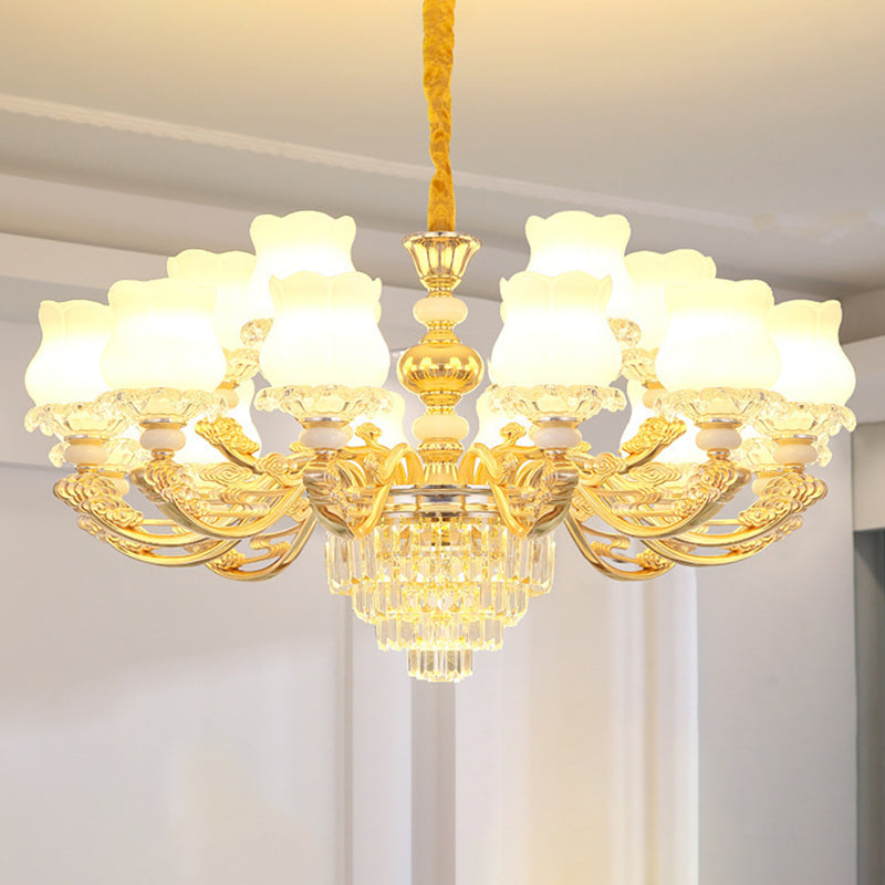 Gold Chandelier Light Retro Opal Glass Bud Pendant Light Fixture with Tiered Crystal Decor