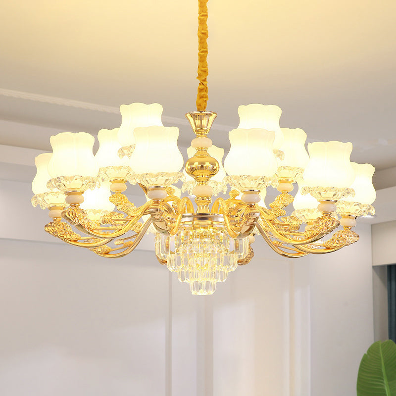 Gold Chandelier Light Retro Opal Glass Bud Pendant Light Fixture with Tiered Crystal Decor