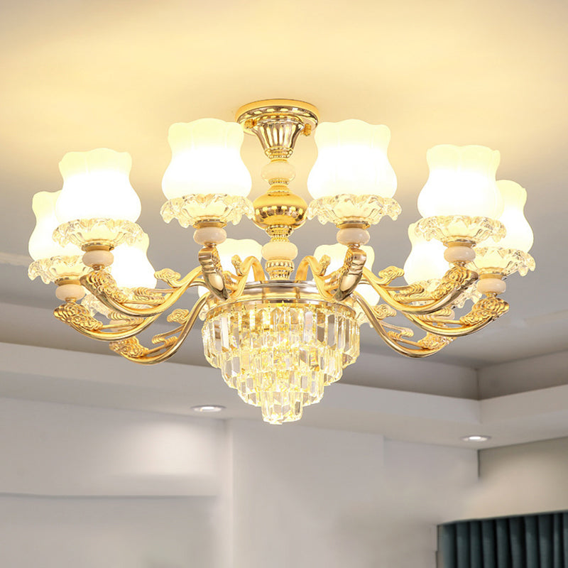 Gold Chandelier Light Retro Opal Glass Bud Pendant Light Fixture with Tiered Crystal Decor