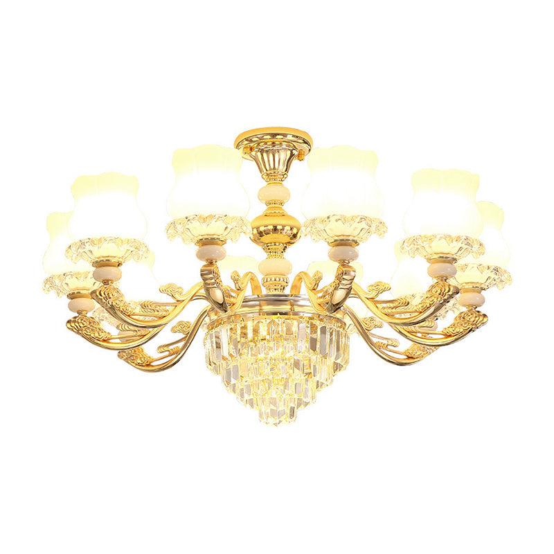 Gold Chandelier Light Retro Opal Glass Bud Pendant Light Fixture with Tiered Crystal Decor