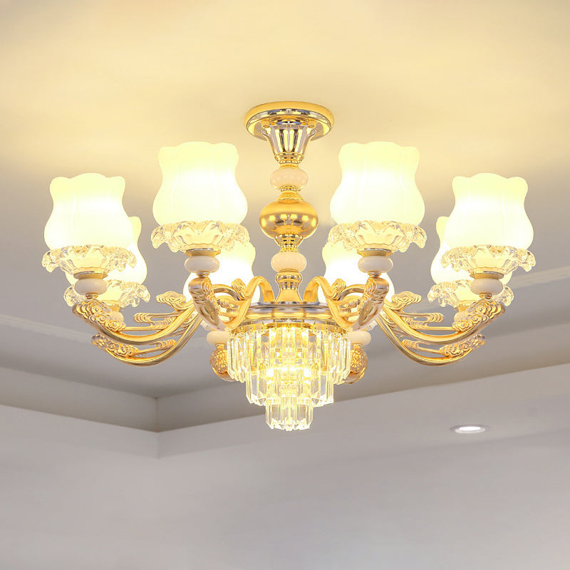 Gold Chandelier Light Retro Opal Glass Bud Pendant Light Fixture with Tiered Crystal Decor