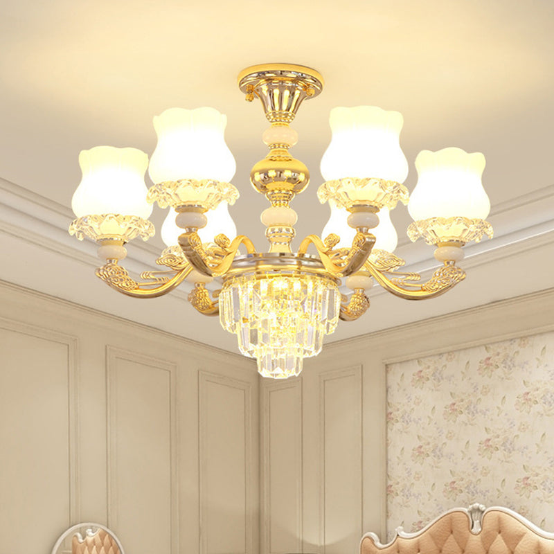 Gold Chandelier Light Retro Opal Glass Bud Pendant Light Fixture with Tiered Crystal Decor