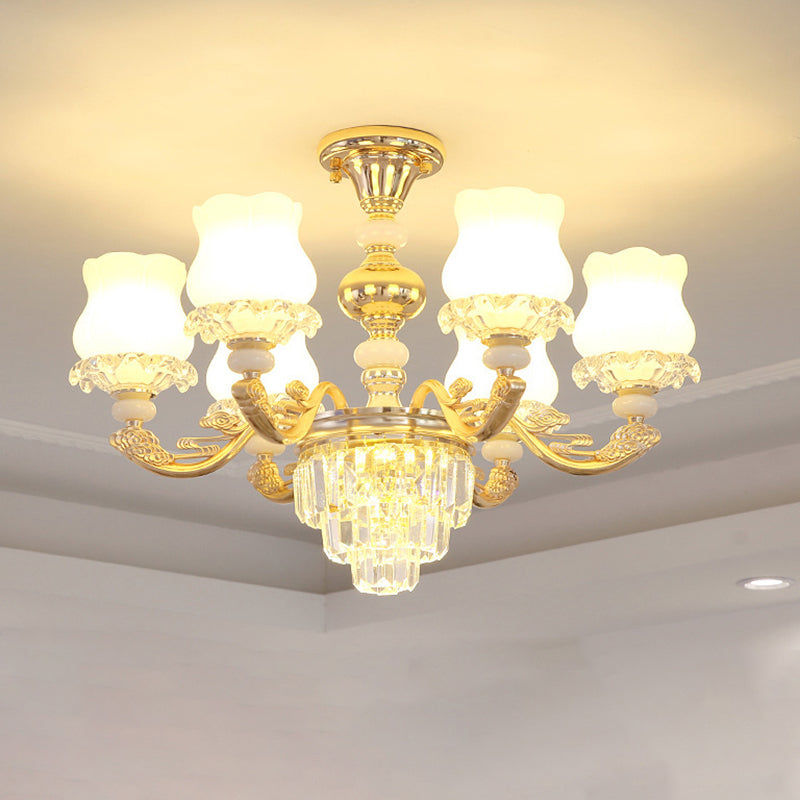 Gold Chandelier Light Retro Opal Glass Bud Pendant Light Fixture with Tiered Crystal Decor